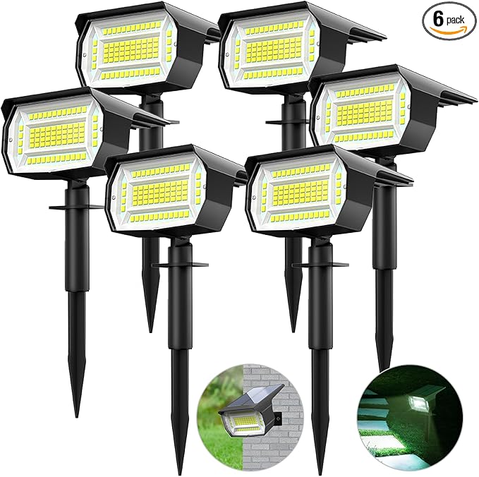 LOTMOS Solar Spot Lights Outdoor, 6 Pack/72 LED/3 Lighting Modes 2-in-1 Solar Landscape Lights, Auto On/Off IP67 Waterproof for Yard, Tree, Garden, House (Cool White)