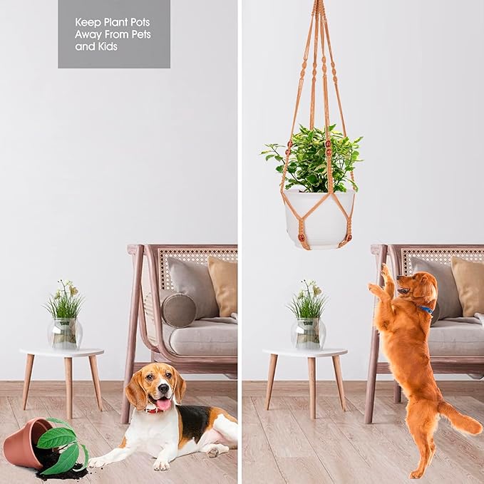 RIFNY Macrame Plant Hanger for 5 to 10 Inch Plant Pots, 35 Inch Woven Rope Hanger Kits with Hooks and Wood Beads, Hanging Planter Basket for Indoor Boho Home Decor (Brown, 3 Pack)