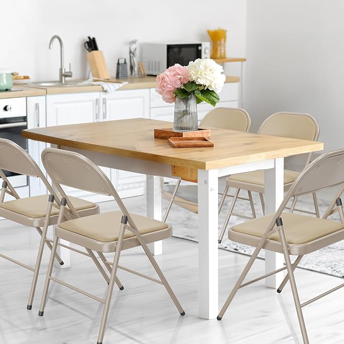 VINGLI 4 Pack Folding Chairs with Padded Seats, Metal Frame with Pu Leather Seat & Back, Capacity 350 lbs, Set of 4, Khaki