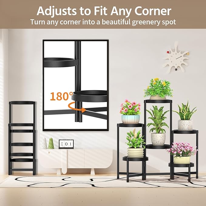 LASZOLA 6 Tiered Folding Plant Stand Indoor for Multiple Large Planter, Tall Heavy Duty Adjustable Rack with Rust Proof Plastic Shelving, Sturdy Vertical Tree Organizer for Narrow Inside Floor, Black