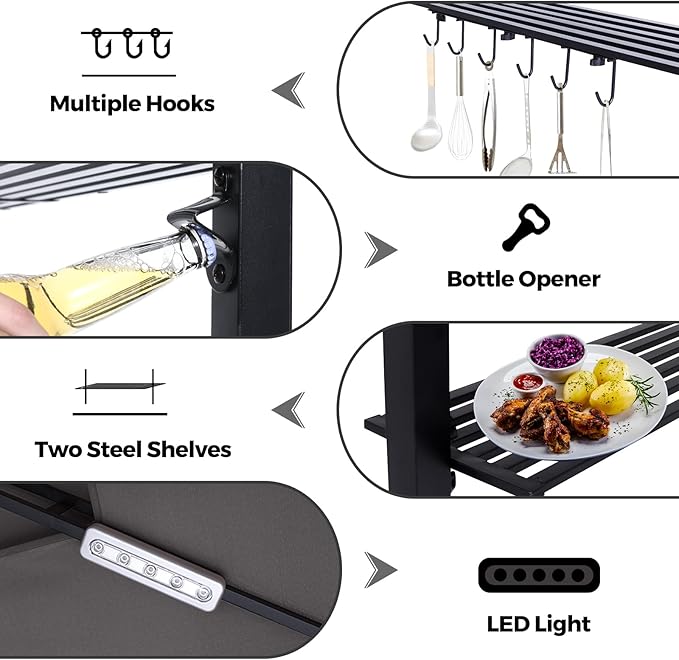 ABCCANOPY Grill Gazebo with 2 Side Awnings - 14x5 Outdoor BBQ Canopy Shelter with 2 Led Lights for Patio Backyard Grilling (Dark Gray)
