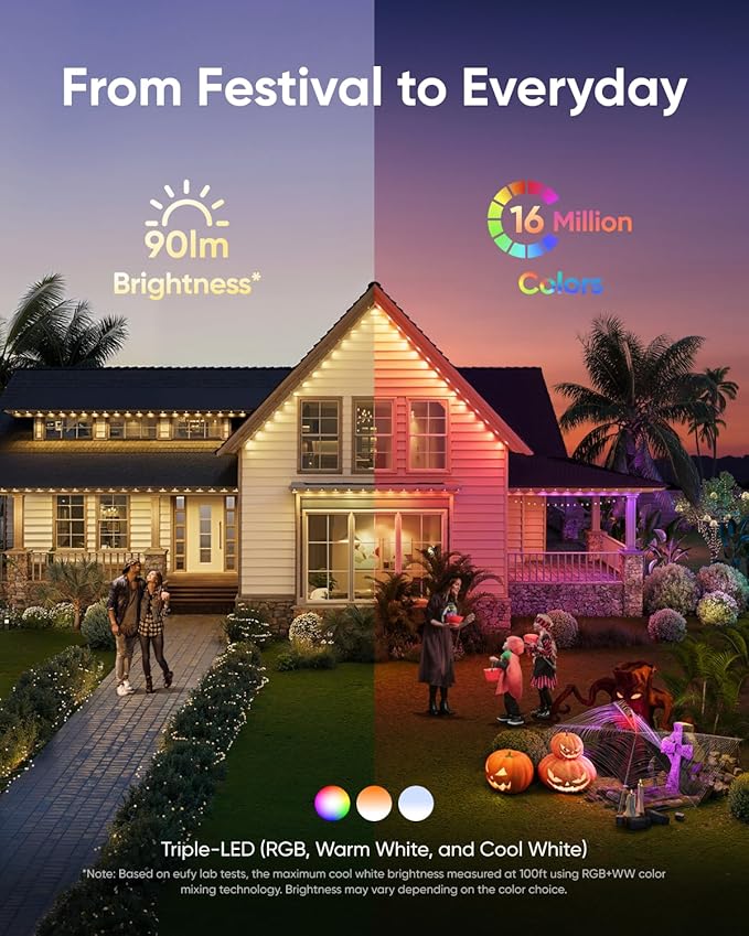 eufy Permanent Outdoor Lights E22, 100ft with 60 Triple-LED Lights, Smart RGBWW for Christmas, Daily and Holiday, Up to IP67 Waterproof, AI Light Themes for Christmas Decorations, Works with eufy Cams