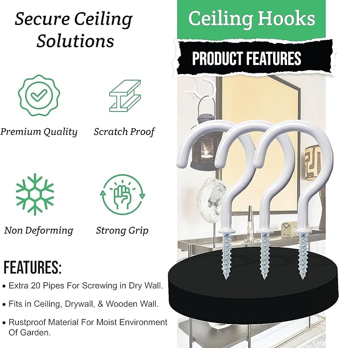 75 Pcs Ceiling Hooks for Hanging Plants, Cups, Utensils Vinyl Coated Screw-in Mug Hooks for Wooden and Drywall–Multi Size Sets (1/2 inch,5/8 inch,3/4 inch,7/8 inch,1 inch,1-1/4 inch)