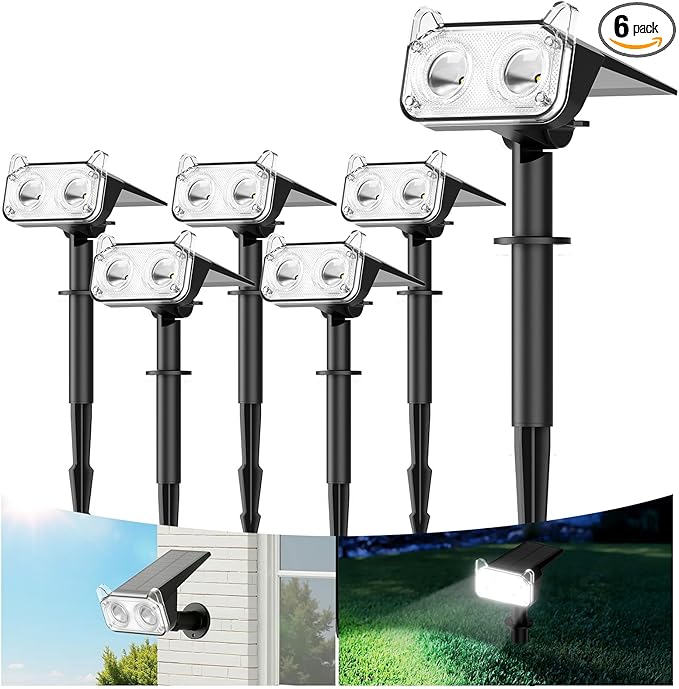 WdtPro Upgraded Bright Solar Lights Outdoor Waterproof, Auto ON/Off Solar Spot Lights Outdoor, Dusk to Dawn Spotlights, Adjustable Landscape Lighting for Yard Tree Path Garden, Cool White, 6 Pack