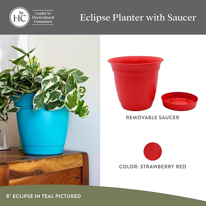 The HC Companies 20 Inch Eclipse Round Planter Pots with Drainage Holes & Attached Saucer, Lightweight UV-Resistant Plastic Indoor & Outdoor Planters, 2-Pack Flower Pots for Garden & Home Decor, Red