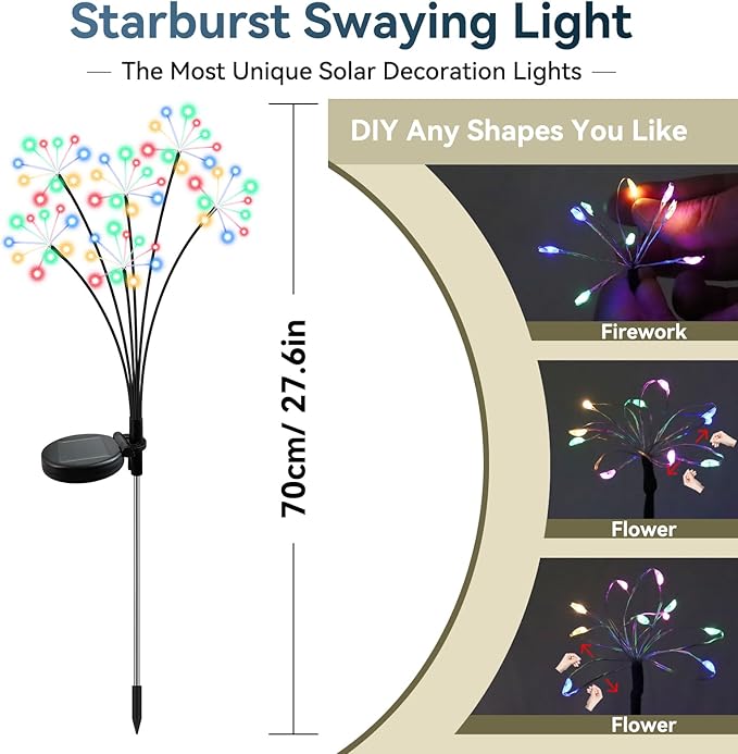 Solar Garden Lights 2 Pack Waterproof Swaying Starburst Light Solar Outdoor Lights for Yard Patio Walkway Pathway Party Wedding Decoration, Unique Gifts for Women, Multicolor