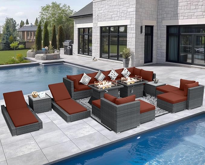 NICESOUL 18 Piece Outdoor Patio Furniture Set with Fire Pit and Chaise Lounge, 500 lbs High Weight Capacity Outdoor Sectional with Fire Pit, 14-Seat Deep Seating Sectional, Grey & Burgundy