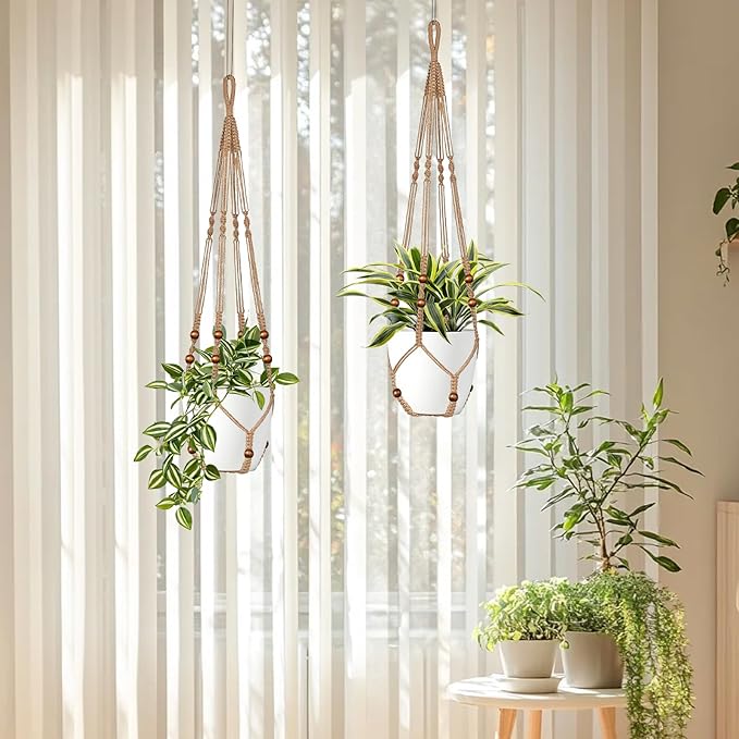 Jute Macrame Plant Hanger Indoor Set of 4 Hanging Planter Basket Flower Pot Holder with Decorative Wood Beads & No Tassels for Indoor Outdoor Boho Home Decor, 35 Inch Brown (Pots Not Included)