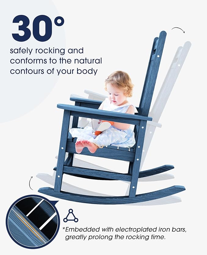 KINGYES Oversized Outdoor Rocking Chair Set of 4, All-Weather Patio Rocking Chairs for Porch, HDPE Outdoor Patio Rockers with High Back & Wide Seat for Garden, Lawn, Blue