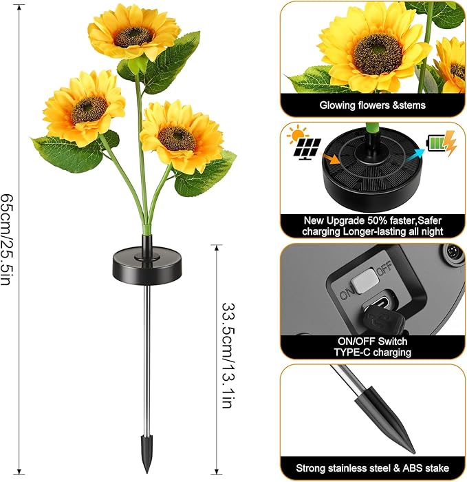 Upgraded Solar Sunflower Lights, 4-Pack Solar Garden Lights with Bigger Round Panel, 40-Hour Runtime for Indoor & Outdoor Decor, Waterproof for Patio Yard Garden