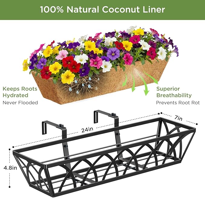 Y&M Planter, 24in Metal Box with Coco Liner, Indoor Outdoor Window/Railing Planter, 2pcs, Black