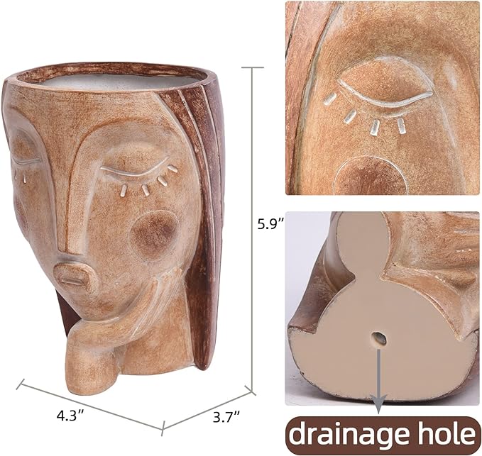 Head Planters for Indoor Plants, Face Flower Pot Head Planter Succulent Planters Unique Face Planter with Drainage Hole - Rustic Thinking Girl Closed Eyes