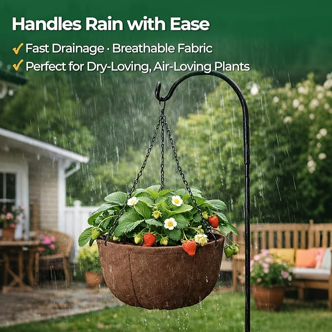 T4U Hanging Planters for Outdoor Plants, 12 Inch 4 Pack Fabric Hanging Baskets with Drainage Tray, Decorative Hanging Pots for Plants Outdoor Patio Porch Garden Use（Brown）