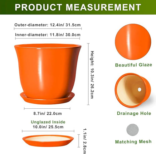 12 Inch Pots for Plants - Ceramic Planters Indoor with Drainage Hole and Saucer, Large Round Planter for Outdoor Plants, Decorative Flower Pot, Garden Decor, Plant Lover Gifts, Orange