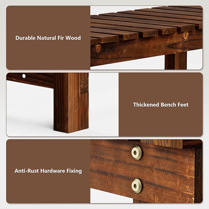 35.5" Outdoor Garden Bench, Weatherproof Patio Benches 2-Person Seat Backless Wooden Porch Bench, Multifunctional Slat All Weather Bench for Garden Lawn Porch Park Backyard (Carbonized Brown)