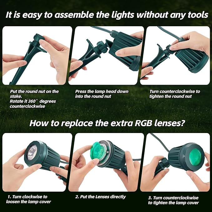 Spotlight Outdoor – 120V Plug-in, 2700K Warm White LED Landscape Spot Lights with RGB 3 Lenses for Yard, Garden, Lawn&Tree Decor, IP67 Waterproof, Perfect for Holidays&Everyday (2 Pack, Green)