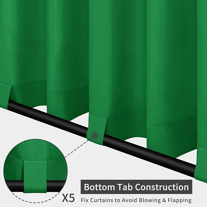 Easy-Going Outdoor Patio Curtains Detachable Tab Top Windproof Weatherproof Curtain for Cabana, Porch, Pergola and Gazebo, Tab Bottom Drape, 2 Panels, 110W x 96L inch, Green