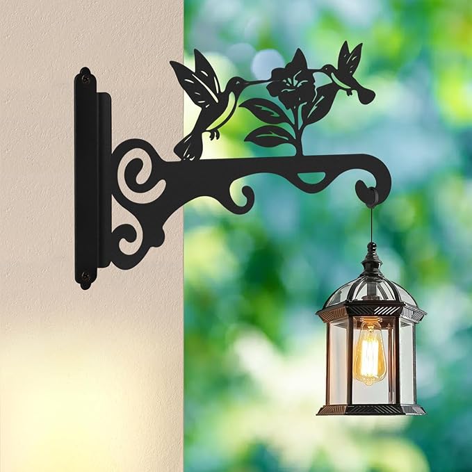 Elegant Bird Pattern Wall Hooks - 10/12/14 Inch Metal Plant Hangers for Indoor & Outdoor - Rust-Resistant Bracket for Plants, Feeders, Chimes, Lanterns (4, Black, 12 inch)