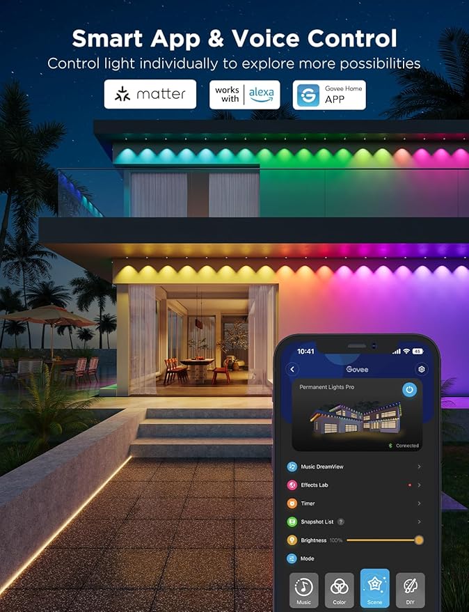 Govee Permanent Outdoor Lights Pro, 200ft with 120 RGBIC LED Lights for Daily and Accent Lighting, 75 Scene Modes for Outdoor Decor, IP67 Waterproof, Works with Alexa, Google Assistant, Matter, White