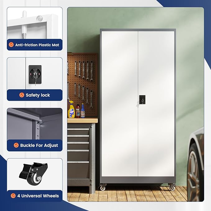 Yizosh Metal Garage Storage Cabinet with Locking Doors and Adjustable Shelves,- 75" Rolling Steel Tool Cabinet for Home Office,Garage,Warehouse