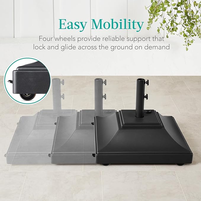 Best Choice Products Fillable Mobile Umbrella Base, Heavy Duty Base, Square Tiered Market Stand for Patio, Deck, Outdoor w/ 4 Wheels, 2 Locks, 2 Knobs, 120lb Capacity - Black