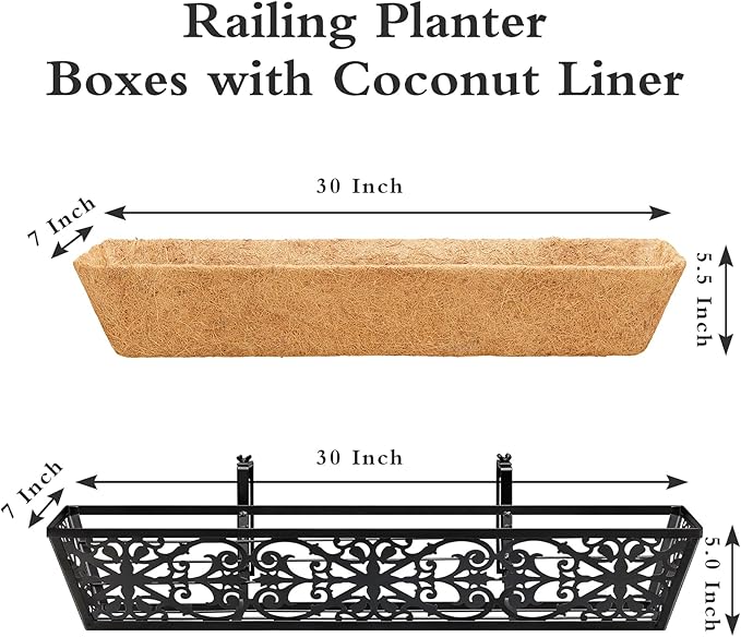 6 Pack 30 Inch Window Boxes Planters Railing Planter Box with Adjustable Brackets & Coco Liners Fabric Plant Grow Bags Deck Railing Planter Boxes Balcony Hanging Flower Box for Outdoor Plants