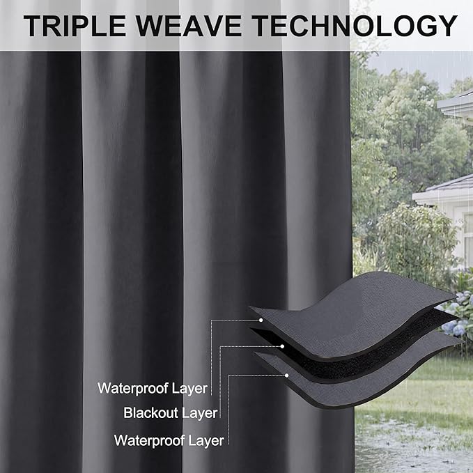 RYB HOME Patio Curtains Outdoor - Waterproof Privacy Curtain Blackout Drapery for Porch Outdoor Shower Arbor Basement Carport Garden Lawn, Wide 84 x Long 84, 1 Pc, Grey