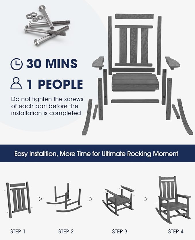 KINGYES Oversized Outdoor Rocking Chair, All-Weather Patio Rocking Chairs for Porch, HDPE Outdoor Patio Rockers with High Back & Wide Seat for Garden, Lawn, Gray
