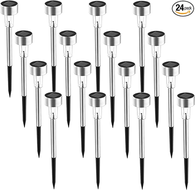 SOLPEX 24 Pack Solar Outdoor Lights Pathway, Stainless Steel Solar Lights Outdoor Waterproof,LED Landscape Lighting Walkway for Landscape/Patio/Lawn/Yard/Driveway-Cold White