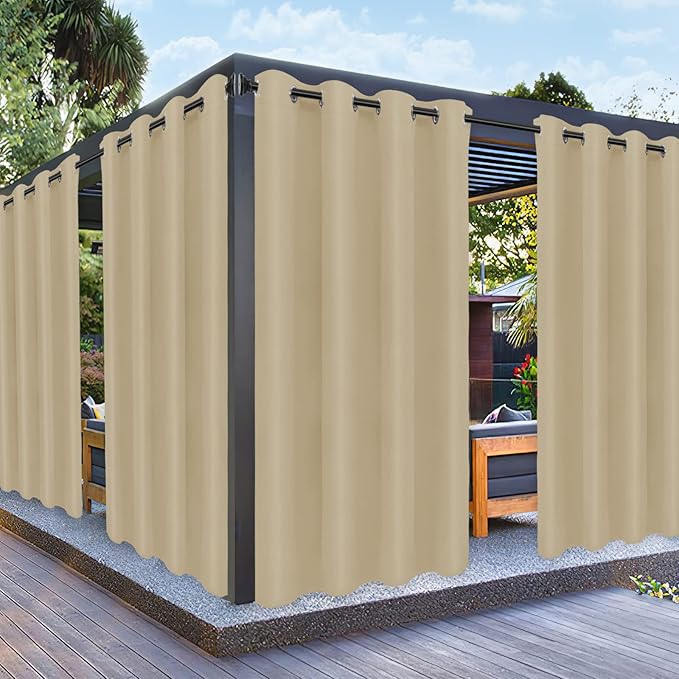 PureFit Outdoor Curtains for Patio Waterproof – Weatherproof, UV and Fade Resistant Outside Curtains for Gazebo, Front Porch, Pergola, Sun Blocking Privacy Curtain, 52W x 120L inch, Set of 2, Beige