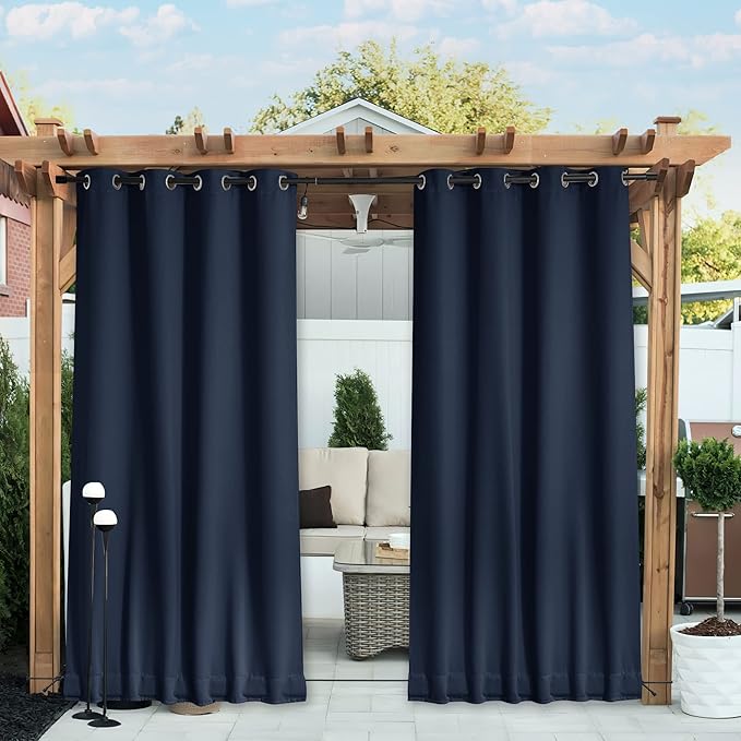 NICETOWN 2 Panels Gazebo Curtains Outdoor Waterproof & Windproof, Top and Bottom Grommet with Back Tab Wind-Break Outdoor Dividers Blackout Blinds with Fixed Rope for Patio, W52 x L95, Navy Blue