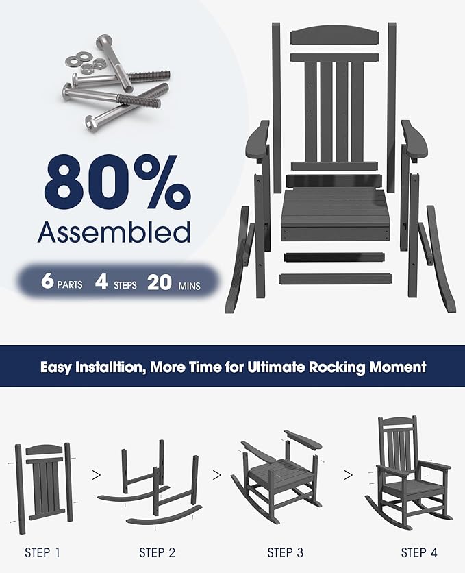 KINGYES Outdoor Rocking Chairs, HDPE All-Weather Patio Rocking Chairs High Back Porch Rocker for Adult, Gray