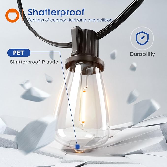 addlon 25FT LED Outdoor String Lights Waterproof Patio Lights with 9 Shatterproof ST38 Replaceable Bulbs(1 Spare), Dimmable Outside Hanging Light Connectable for Porch, Backyard, 2200K Warm Yellow