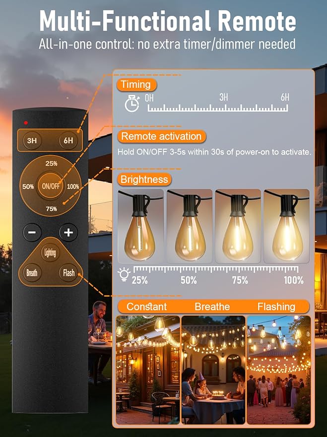 luckystyle 200FT LED Outdoor String Lights with Remote, 74+2 Shatterproof Bulbs Waterproof and Dimmable Patio Lights for Porch, Garden, Backyard, Deck, Balcony, 2200K Hanging Lighting