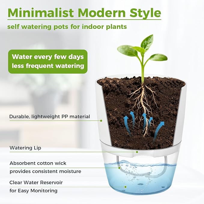 Planterhoma 5 Pack Self Watering Pots for Indoor Plants, 9 Inch Plant Pot Plastic Self Watering Planter for Orchid, Monstera, Lily, Large Clear Flower Pots with Drainage Holes and Wicking Rope, White