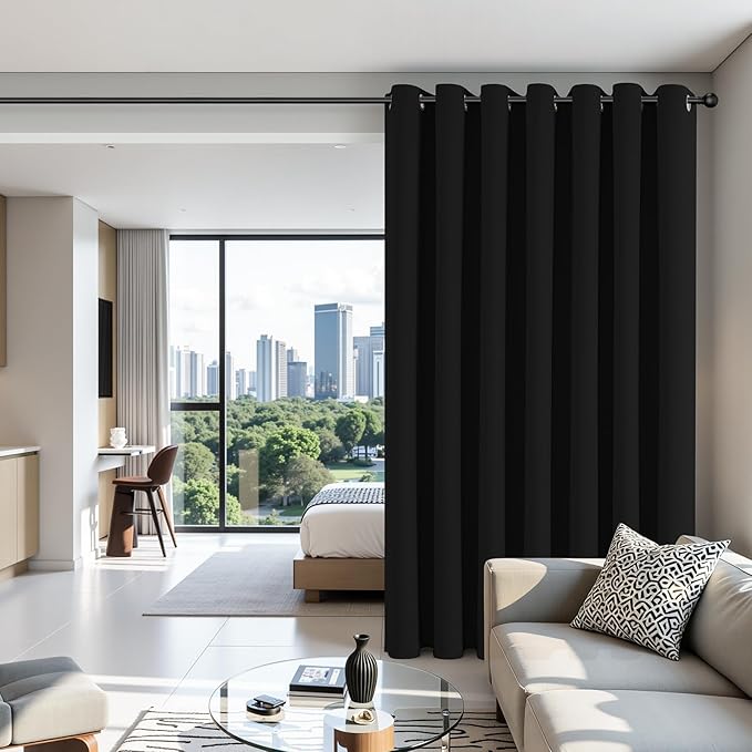 Joydeco Blackout Patio Sliding Door Curtains 96 Inches Long, Grommet Privacy Room Divider Curtains, Extra Wide Thermal Blackout Drapes for Bedroom Living Room (Black, 100Wx96L, 1 Panel)