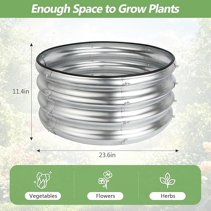 2x2x1ft Round Galvanized Raised Garden Bed Kits, Raised Garden Bed Metal Planter Outdoor Easy Assembly Garden Bed for Planting Vegetables, Fruits & Flowers, Sliver