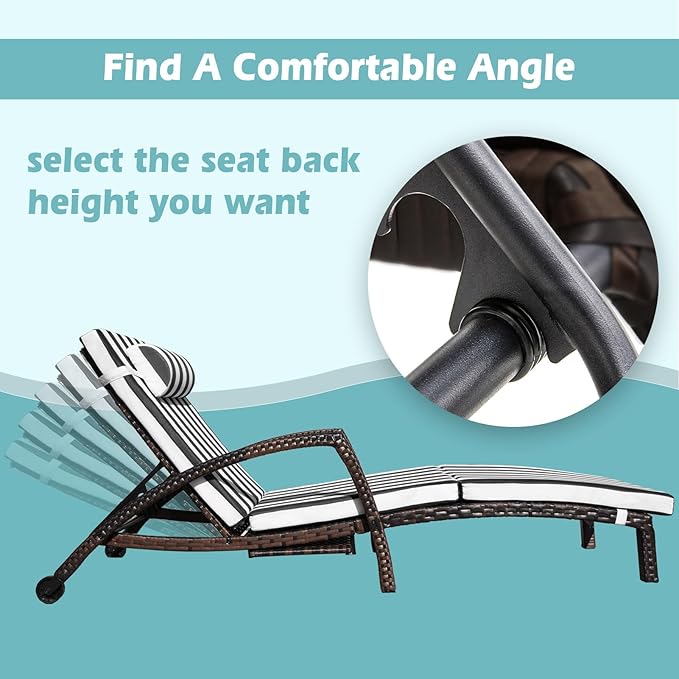 Chaise Lounge Chairs Outdoor Set of 2, Comfy Outside Wicker Patio Pool Lounge Chair w/ 5 Adjustable Back Angle, Cup Holder, Thicken Cushion