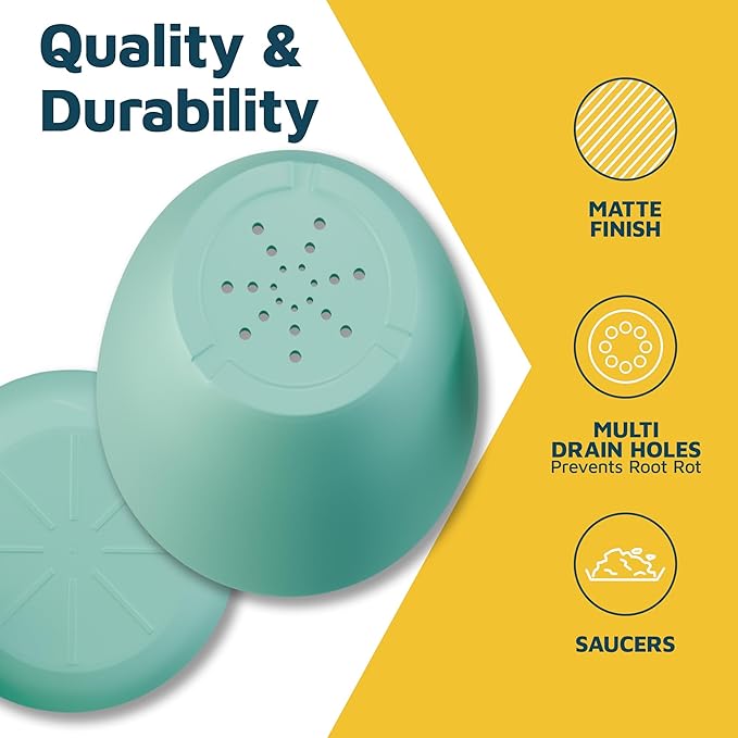 Planter Pots with Drainage Holes - Lightweight, Durable, and Space-Saving Pots for Indoor and Outdoor - Versatile Functionality, Simple Modern Design, Set of 10 Plastic Planter Pots - Aqua