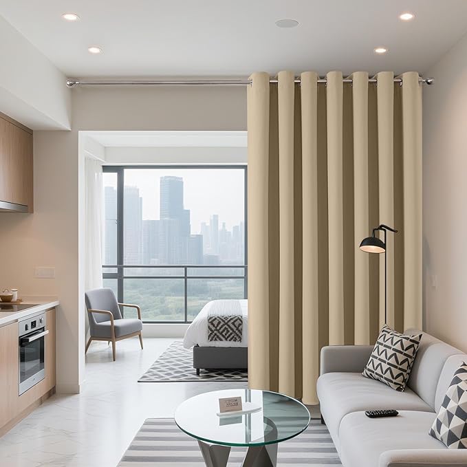 Joydeco Blackout Patio Sliding Door Curtains 108 Inches Long, Grommet Privacy Room Divider Curtains, Extra Wide Thermal Blackout Drapes for Bedroom Living Room (Light Beige, 60Wx108L, 1 Panel)