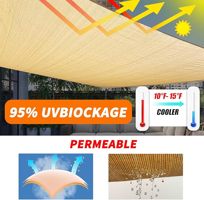Sun Shade Sail Upgraded with High-Strength Steel Cable Edges 12' x 16' Sand Rectangle, Heavy Duty UV Blockage Outdoor Cover with Steel Wire Edges for Outdoor Patio Garden Backyard