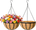 Black Flat Iron Metal Hanging Planter Basket with Coco Coir Liner(2 Pack, 16 Inch) Hanging Planters for Outdoor Plants Round Plant Flower Pots Hanging Flower Basket for Outdoor Patio Garden Decoration