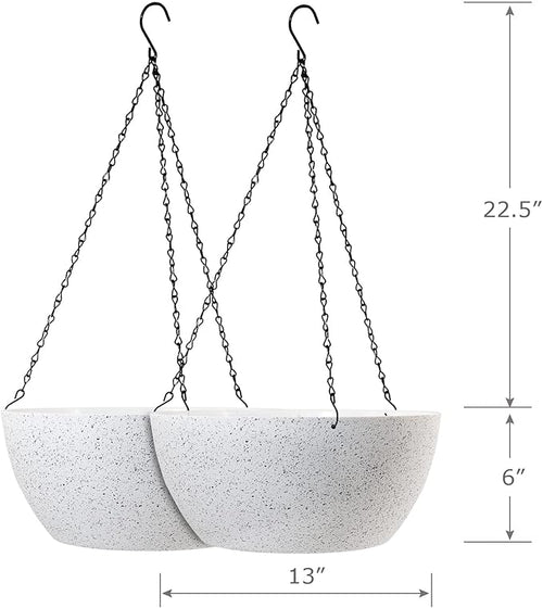 13 inch Large Hanging Planters Plant Pots for Outdoor Indoor Plants with Drainage Holes and Chain, 2 Pack Round Hanging Flower Pots for Garden Home Porch Decor, Speckled White