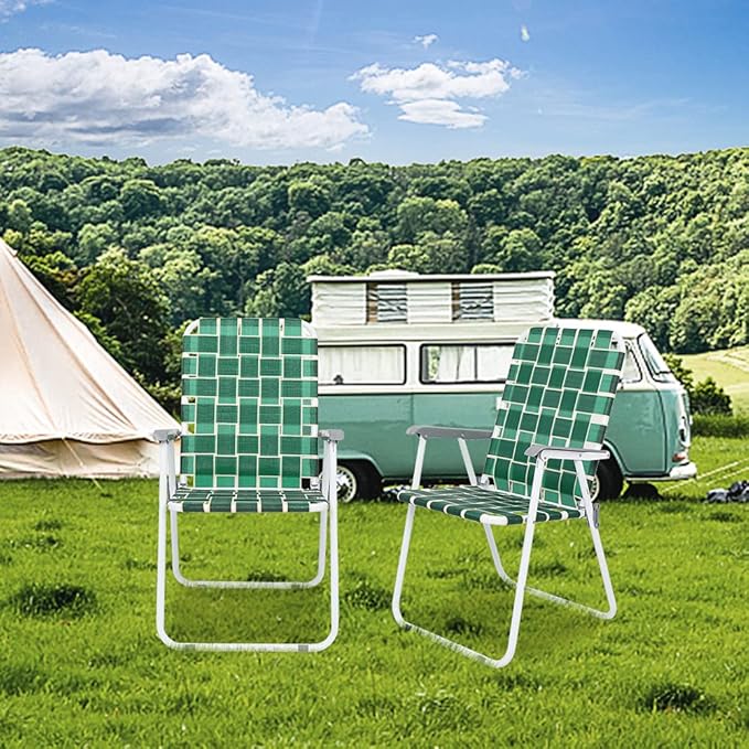 VINGLI Patio Lawn Webbed Folding Chairs Set of 2, Outdoor Beach Chair Portable Dining Chair for Outdoor Yard, Garden (Dark Green, Classic)