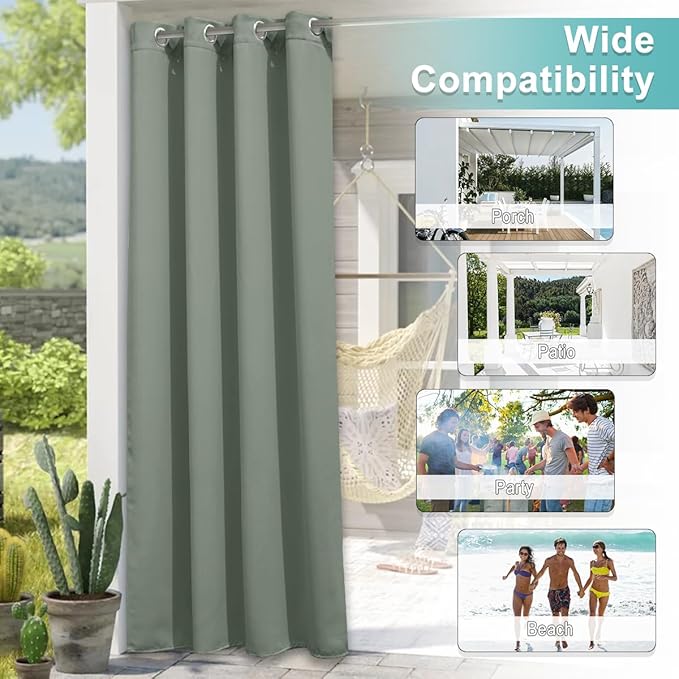 NICETOWN Patio Curtain for Outdoor Waterproof 120 inch Long, Extra Long Rustproof Grommet Thermal Insulated Sun Blocking Outdoor Drapes Privacy for Porch/Gazebo, 52" Wide, Sage Green, 1 Panel