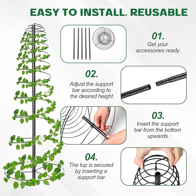 2 Pack 72in Tall Spiral Frame Trellis for Climbing Plants Outdoor, Heavy Duty Metal Garden Plant Tower, Rustproof Support for Pole Bean Cucumber Sweet Peas Clematis Vines, Anti-Tip Pot Indoor Decor