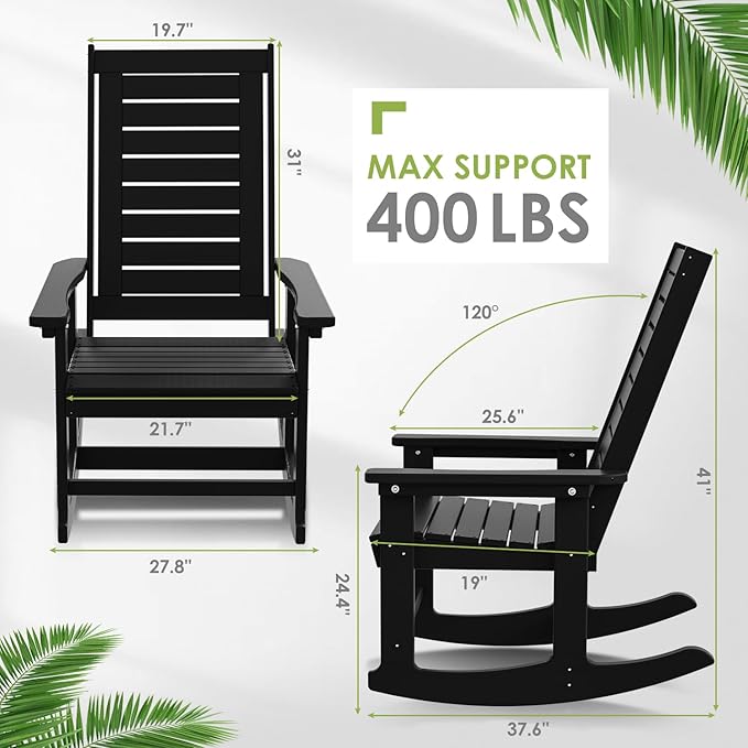 GREENVINES Outdoor Rocking Chairs | Set of 4 | Porch Rocker | HDPE Plastic | Black | Oversized Rockers | High Back | Big & Tall | Ladder Back | for Patio Outside Backyard Balcony Garden