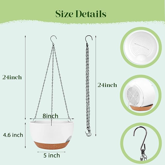 Set of 4-8 Inch Self Watering Hanging Planters for Indoor Outdoor，Hanging Plant Pots with Drainage & Removable Tray, Hanging Pots Holder for Ivy, Pothos, Ferns, Balcony & Patio, White Brown