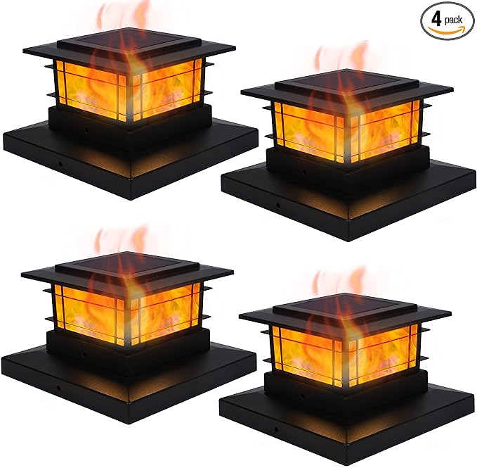 Dynaming 4 Pack Solar Post Cap Lights Outdoor with Flickering Flame Light, Fence Post Solar Lights Fit for 4x4 5x5 6x6 Vinyl/Wooden Posts, High Brightness SMD LED Lighting Decor for Garden Deck Patio