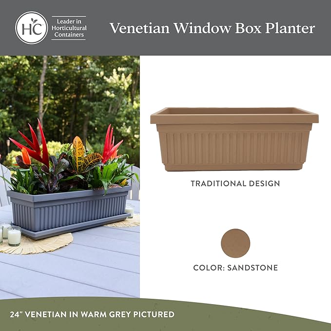The HC Companies Venetian Window Planter Box w/Drain Plug - Long Planter Box for Windowsills, Balconies & More - Plastic Large Rectangular Planters for Herbs & Flowers (24" Sandstone, Pack of 1)